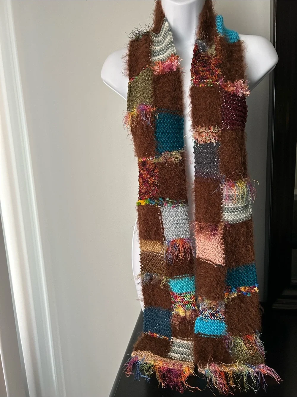 Patchwork Knit Brown and Teal Women's Scarf